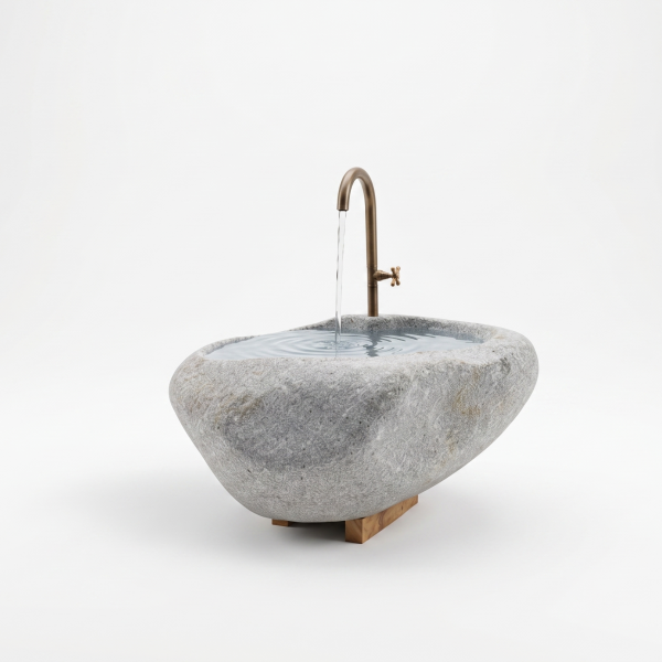 gräulicher Granitbrunnen mit Messing Wasserhahn