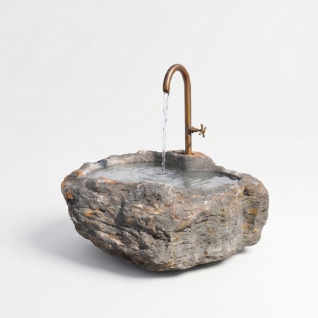 Handgearbeiteter Findlingsbrunnen aus massivem Naturstein mit natürlicher, rauer Felsstruktur