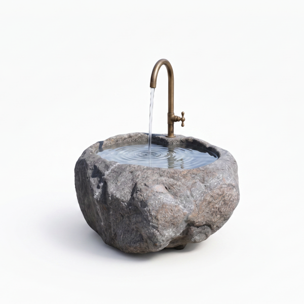 Handgearbeiteter Findlingsbrunnen aus massivem Naturstein mit natürlicher, rauer Felsstruktur