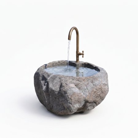 Handgearbeiteter Findlingsbrunnen aus massivem Naturstein mit natürlicher, rauer Felsstruktur