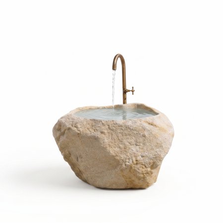 Natursteinbrunnen aus einem ausgehöhlten Granit-Findling als rustikale Wasserstelle im Garten