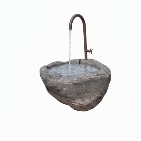 Rustikaler Gartenbrunnen aus unbehandeltem Naturstein-Findling mit ausgehöhlter Wasserschale