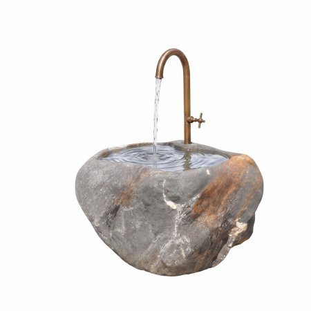 Runder Quellstein-Brunnen aus einem grauen Findling mit sanft plätscherndem Wasser im Garten