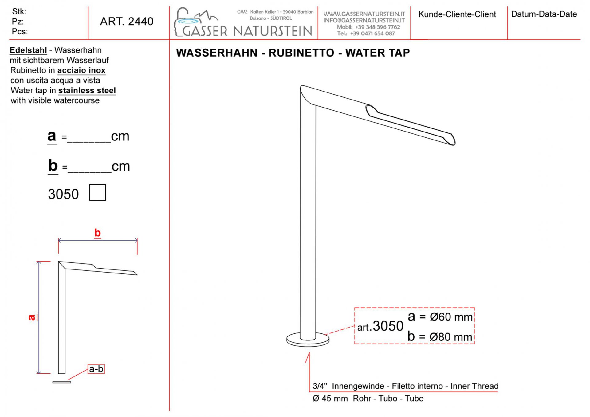 Water tap with visible watercourse without shut-off valve and inside ...