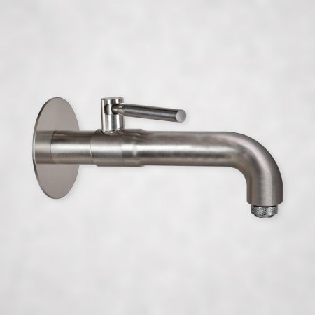 Steinbrunnen mit Wasserhahn – Edelstahl-Armatur zur Wandmontage mit Absperrventil für Gartenbrunnen