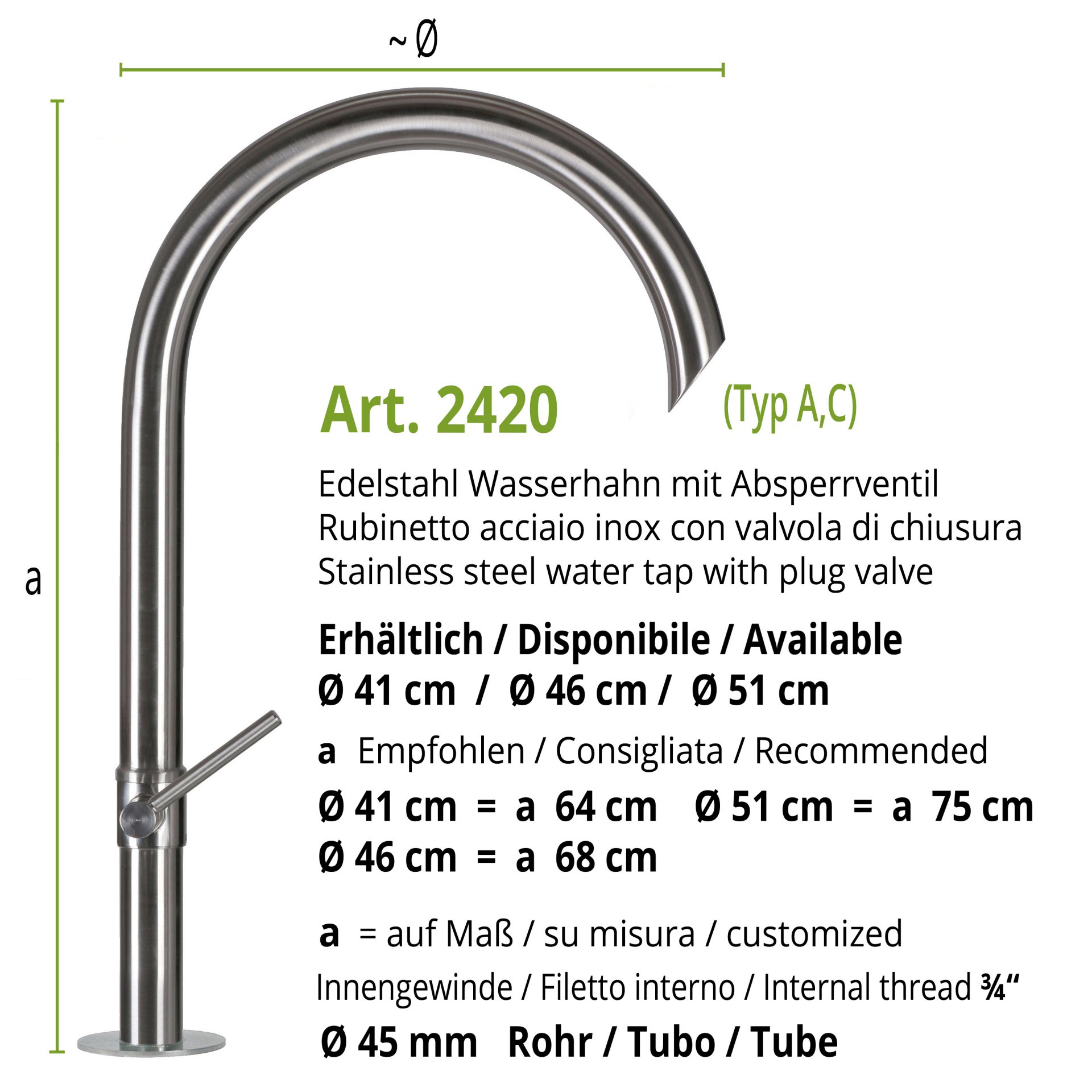 Stainless steel water tap with lever valve and inside thread 3/4”